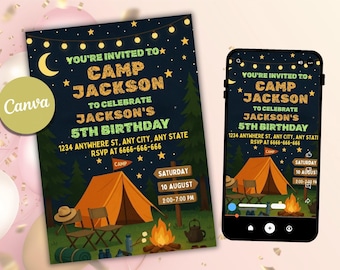 Camping Birthday Invitation, Adventure Forest Party (Editable)