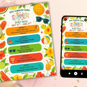 Summer Spirit Week Flyer Template: Editable School Event Planner (Digital Download 5x7&quot; PDF/JPEG Canva)
