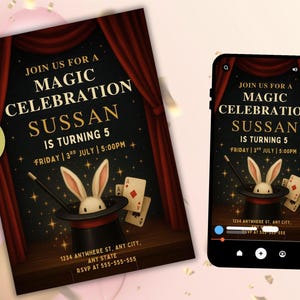 Editable Magic Birthday Invitation Template: Magician Party Evite (5x7, Digital Download, Canva.com)