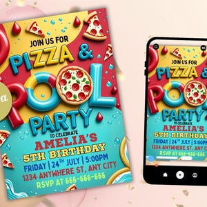 Pizza Pool Party Invitation: Editable Canva Template (5x7&quot; Digital Download)