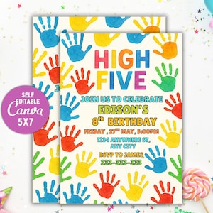 Bewerkbare Hi-Five verjaardagsuitnodiging, High Five 5e verjaardag uitnodigen, kleurrijke verjaardag digitale uitnodiging, meisjes afdrukbare Hi 5 Fun uitnodigen