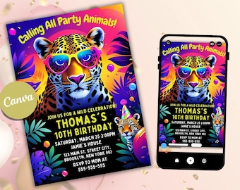 Invitación de cumpleaños Safari en tonos pastel, invitación de fiesta con estampado de leopardo arcoíris, cumpleaños de niña Wild One, editable en Canva