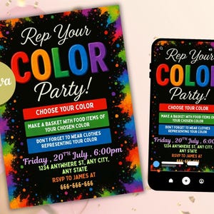 Może przedstawiać: Ulotka i ekran smartfona z zaproszeniem na "Rep Your COLOR Party!". Projekt zawiera kolorowy tekst i plamy farby, ze szczegółami wydarzenia, takimi jak data, godzina i informacje RSVP.