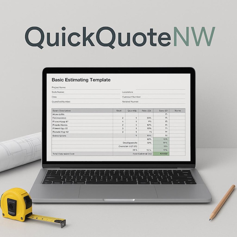 K&ouml;nnte beinhalten: Ein Laptop-Computer, auf dem eine Tabellenkalkulation mit dem Titel "Basic Estimating Template" angezeigt wird. Die Spalten sind mit "Spare Description", "Unit", "Quantity", "Rate (&euro;)", "Send (&euro;)" und "Name" beschriftet. Die Tabellenkalkulation ist mit Daten gef&uuml;llt und enth&auml;lt am Ende eine Gesamtsumme.
