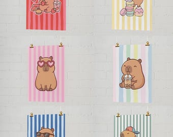 Kawaii Capybara poster set of 6 printables | Cute Capybara Wall Art A4 | Animal Prints | Cozy Room Decor Digital Download | Cute Capybara