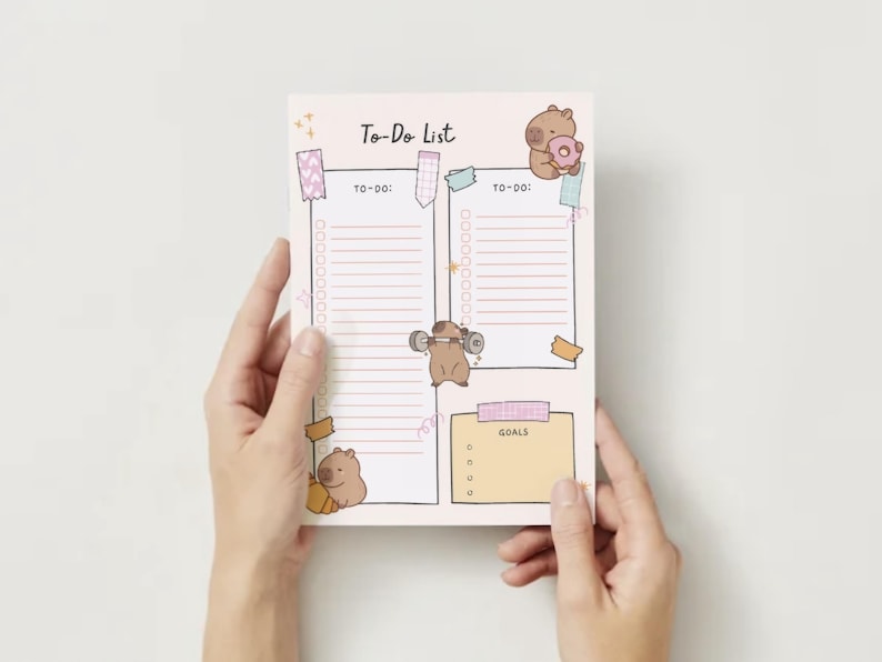 May include: A pink and white to-do list with a cartoon animal illustration. The list has two columns labeled "To-Do" and a section labeled "Goals".
