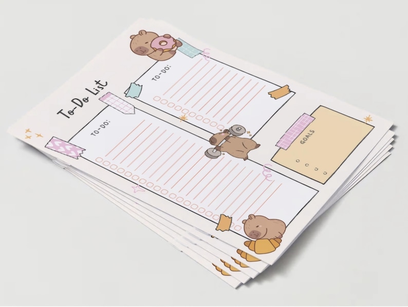 May include: A white to-do list with pink and yellow accents. The list has three sections: "To-Do", "To-Do", and "Goals". Each section has a space for writing and a check box list. The list is decorated with cartoon animals.