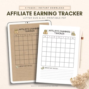 以下が含まれることがあります： 「AFFILIATE EARNING TRACKER」と「LETTER SIZE & A4 | PRINTABLE PDF」のテキストが入ったアフィリエイト収益トラッカー。収益を追跡するためのグリッドがあり、メモ用のスペースがあります。デザインには、デジタルタブレットと印刷されたページが含まれています。