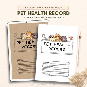 Könnte beinhalten: Ein Haustiergesundheitsregister mit dem Text "PET HEALTH RECORD" und Katzen-Illustrationen. Verfügbar in Letter- und A4-Größe, als druckbares PDF. Enthält Felder für Name, Rasse, Geburtsdatum und Besitzerinformationen. Ideal für Tierbesitzer.
