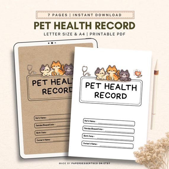 Pet Health Record Printable PDF, Dog & Cat Medical Tracker, Pet Vaccination Log, Pet Care Planner, Vet Visit Organizer A4 US Letter