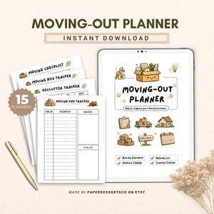 以下が含まれることがあります： 15枚の印刷可能なページを備えたデジタル引っ越しプランナー。プランナーには、チェックリスト、トラッカー、およびTo-Doリストが含まれています。「Moving-Out Planner」というタイトルがタブレット画面に表示されています。