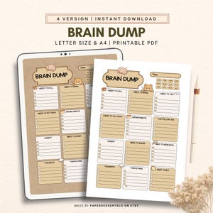 Könnte beinhalten: Ein digitaler Planer mit den Worten "Brain Dump" oben. Der Planer hat Abschnitte für To-Do-Listen, Termine und Notizen. Das Design ist in Braun- und Beigetönen gehalten, mit einer niedlichen Bärenillustration. Der Planer ist im Letter- und A4-Format erhältlich.