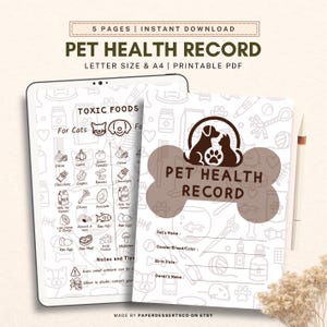 May include: A digital pet health record printable PDF with a bone-shaped design. The cover features a dog and cat silhouette with the text "PET HEALTH RECORD." The record includes sections for pet details and a list of toxic foods.