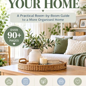 May include: A book cover titled Decluttering YOUR HOME: A Practical Room-by-Room Guide to a More Organised Home by Tanya McKelvie. The cover features a living room scene with a woven tray, a white vase, and a candle. It includes icons for practical advice, checklists, worksheets, room-by-room guidance, simple solutions, and lasting results.
