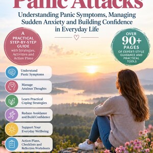 以下が含まれることがあります： ターニャ・マッケルビー著『Overcoming Panic Attacks』のブックカバー。夕暮れの風景の中に岩に座る人物が描かれ、不安な思考の管理や実践的な行動計画などの戦略をリストアップしたテキストが周囲に配置されています。