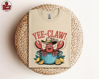 Yee-Claw Crawfish Shirt, Funny Cajun Lobster Cowboy Design, Louisiana Seafood Humor Graphic Tee
