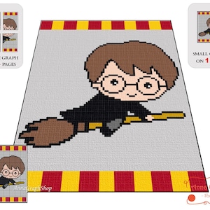 以下が含まれることがあります： ほうきに乗ったキャラクターのピクセル化された画像。茶色の髪、メガネ、黒いローブを着ています。背景はグレーで、赤と黄色のストライプがあります。1ページと4ページに小さなグラフが含まれています。「AnnaGraph Shop」のテキストが表示されます。