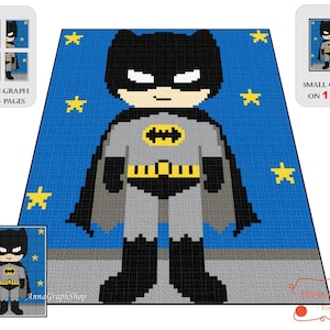 Op de afbeelding: Een Batman-ontwerp in pixel art-stijl op een blauwe achtergrond met gele sterren. Het personage draagt een grijs en zwart kostuum met een geel vleermuissymbool. Tekst bevat "LARGE GRAPH ON 4 PAGES" en "SMALL GRAPH ON 1 PAGE".