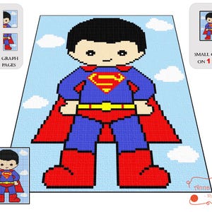 Op de afbeelding: Een gepixeld Superman-ontwerp in blauw, rood, geel en zwart, tegen een lichtblauwe lucht met witte wolken. De afbeelding bevat de tekst "LARGE GRAPH ON 4 PAGES" en "SMALL GRAPH ON 1 PAGE".