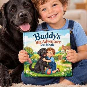 以下が含まれることがあります： 「Buddy's Big Adventure with Noah」というタイトルの子供向け絵本。茶色の巻き毛で青いオーバーオールを着た子供が、庭でカラフルなボールの横にいる黒いラブラドールレトリバーを抱きしめているイラストが描かれています。