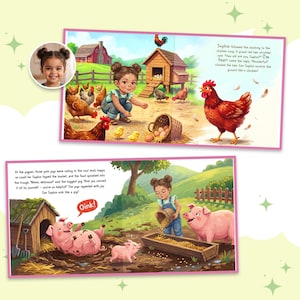 May include: A children's storybook featuring two illustrated farm scenes. One page shows a child feeding chickens near a coop with text. The other page shows a child feeding pigs in a mud pen with text. A small circular inset shows a smiling child.