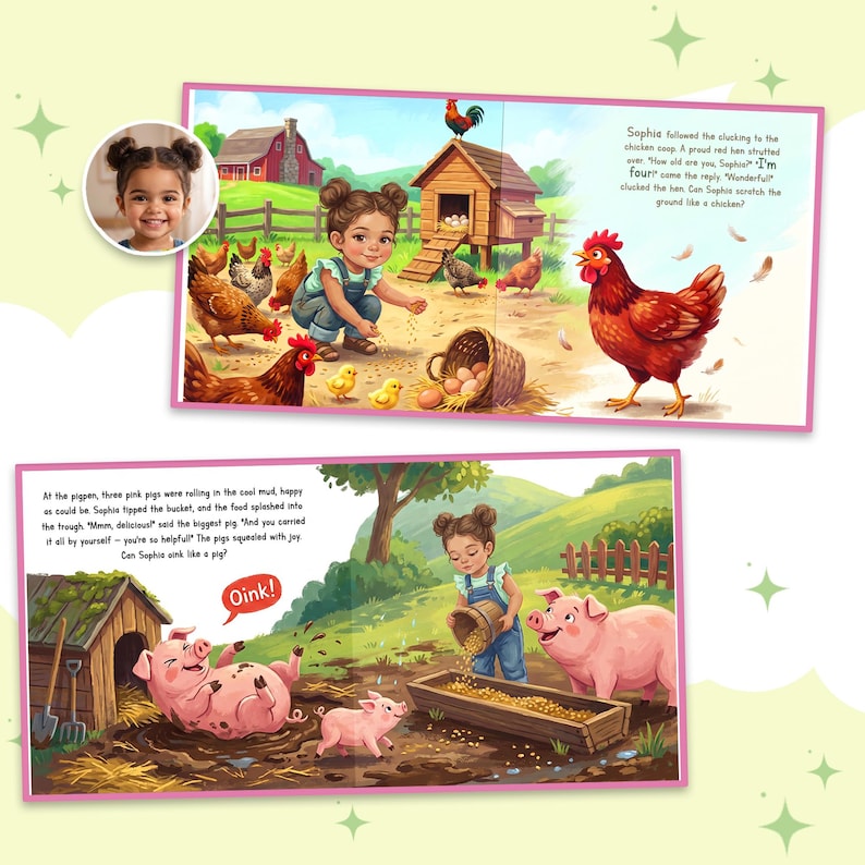 May include: A children's storybook featuring two illustrated farm scenes. One page shows a child feeding chickens near a coop with text. The other page shows a child feeding pigs in a mud pen with text. A small circular inset shows a smiling child.