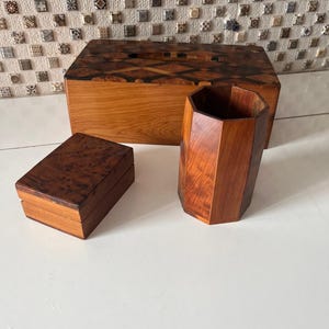 Handcrafted Moroccan artisanal Wood Desk Set – Tissue Box, Pen Holder, Jewelry Box – artisanal Decor, Natural Wood Gift, artisanal Organizer