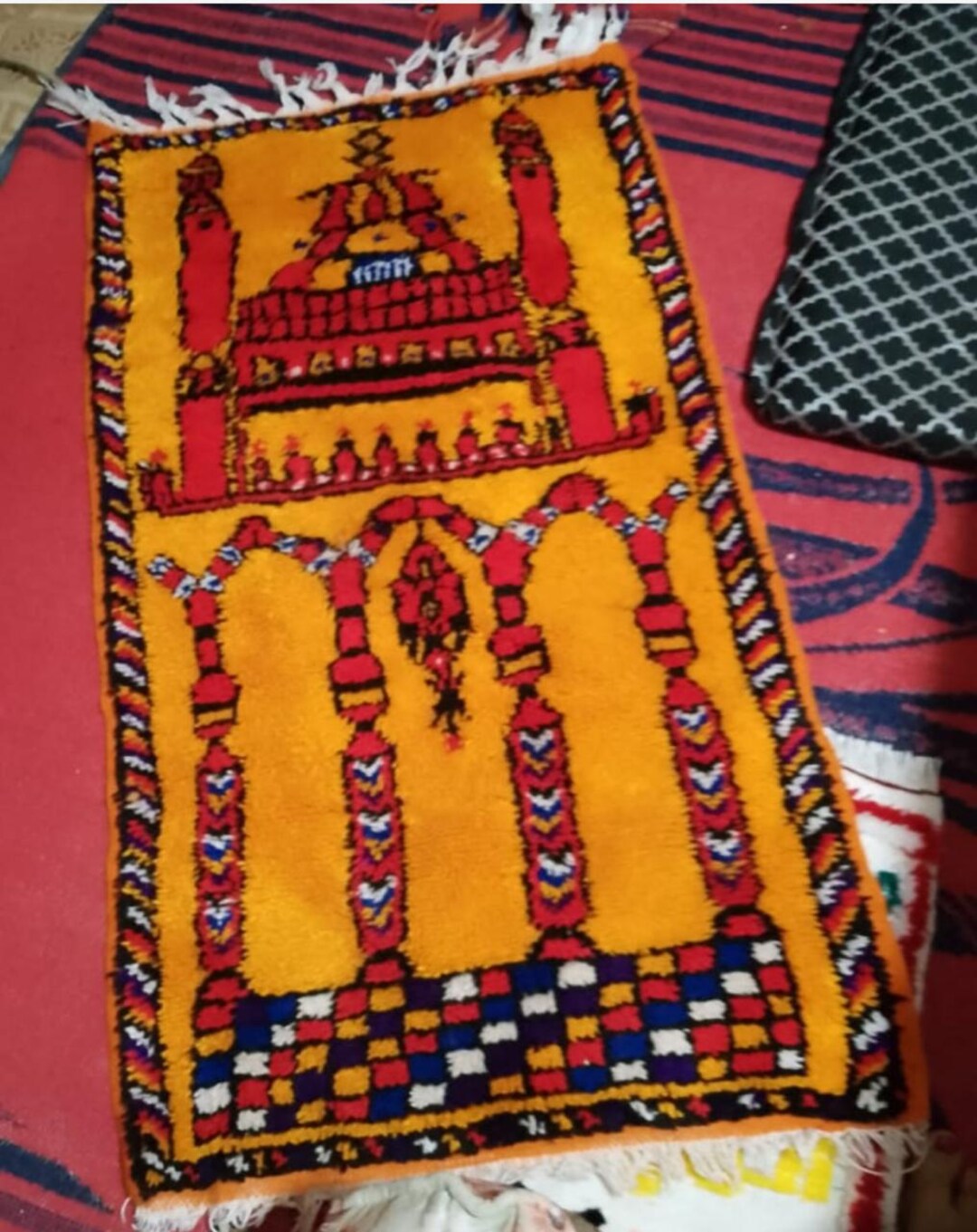 Moroccan Prayer Rug – Vintage Wool Islamic Mat With Mosque Design ...