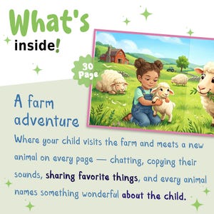 May include: A 30-page children's book titled A farm adventure featuring an illustration of a child in blue overalls kneeling in a green field with three white sheep. The text What's inside! is printed in large green letters above the book description.