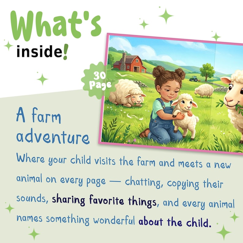 May include: A 30-page children's book titled A farm adventure featuring an illustration of a child in blue overalls kneeling in a green field with three white sheep. The text What's inside! is printed in large green letters above the book description.