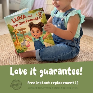 May include: A hardcover children's book titled Luna And The Zoo Friends featuring an illustration of a young girl with dark hair in buns, a giraffe, a zebra, a flamingo, and a monkey. The cover art shows a zoo path with a wooden signpost.