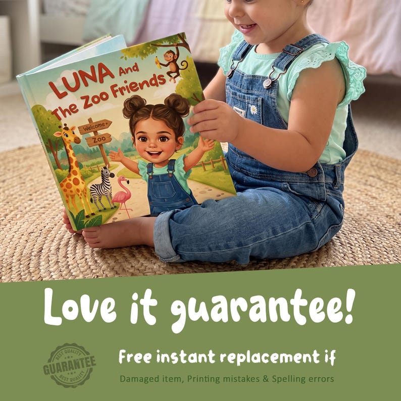 May include: A hardcover children's book titled Luna And The Zoo Friends featuring an illustration of a young girl with dark hair in buns, a giraffe, a zebra, a flamingo, and a monkey. The cover art shows a zoo path with a wooden signpost.