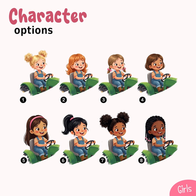 May include: A digital illustration titled Character options featuring eight numbered illustrations of children with diverse hairstyles and skin tones, each wearing orange striped shirts and blue denim overalls while sitting on a green tractor.
