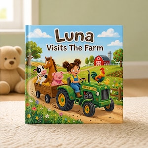Peut inclure: Un livre pour enfants intitulé Luna Visits The Farm avec une illustration colorée d'un enfant conduisant un tracteur vert tirant une remorque avec une vache, un cheval et un cochon. Un coq est sur le capot, avec une grange rouge en arrière-plan.
