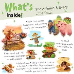 May include: A promotional graphic titled What's inside! The Animals & Every Little Detail featuring colorful illustrations of farm animals, a scarecrow, a basket of eggs, and a ladybug, with descriptive text highlighting full-bleed page spreads.