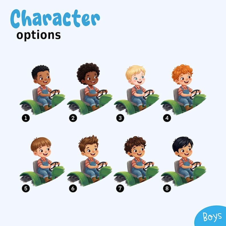 May include: A digital illustration titled Character options featuring eight numbered cartoon boys driving green tractors. Each boy wears a red plaid shirt and blue denim overalls. The characters have diverse hair colors and textures, including black, brown, blonde, and ginger styles. The word Boys appears in the bottom right corner.