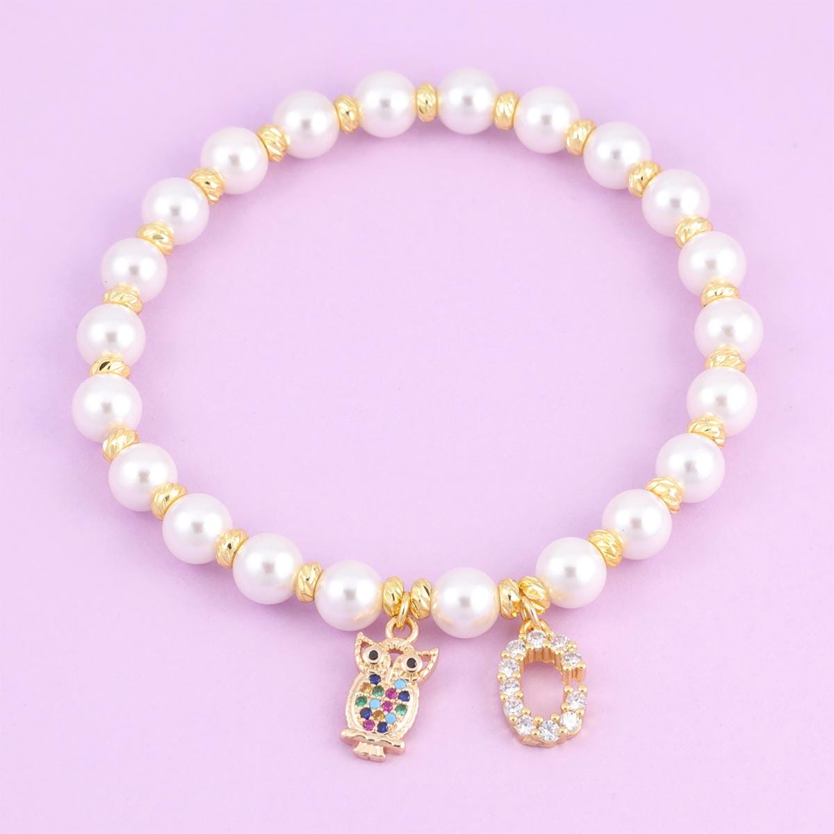 Owl Pearl Initial Bracelet ,dainty bracelet, Letter Jewelry,  Gold Beaded,Anniversary Gift for Her