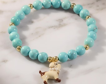 Dog Lover Beaded Bracelet, Turquoise Charm Bracelet with Cute Puppy Pendant, Pet Lover Gift, Cute Animal Jewelry, Gift for Her