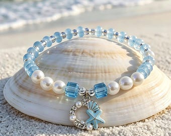 Pulseira com pingente de estrela-do-mar, pulseira com pérolas azuis, joia de praia, pulseira litorânea de verão, presente para ela