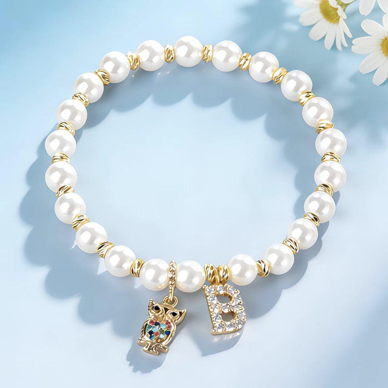 Initial Pearl Bracelet, Beaded Faux Pearl Bracelet, Letter Charm Bracelet, Cute Owl Jewelry, Gift fo