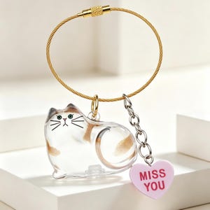 May include: A clear cat-shaped keychain with brown and white markings, a gold-colored wire loop, and a pink heart charm that says "MISS YOU". The keychain is hanging on a white surface.