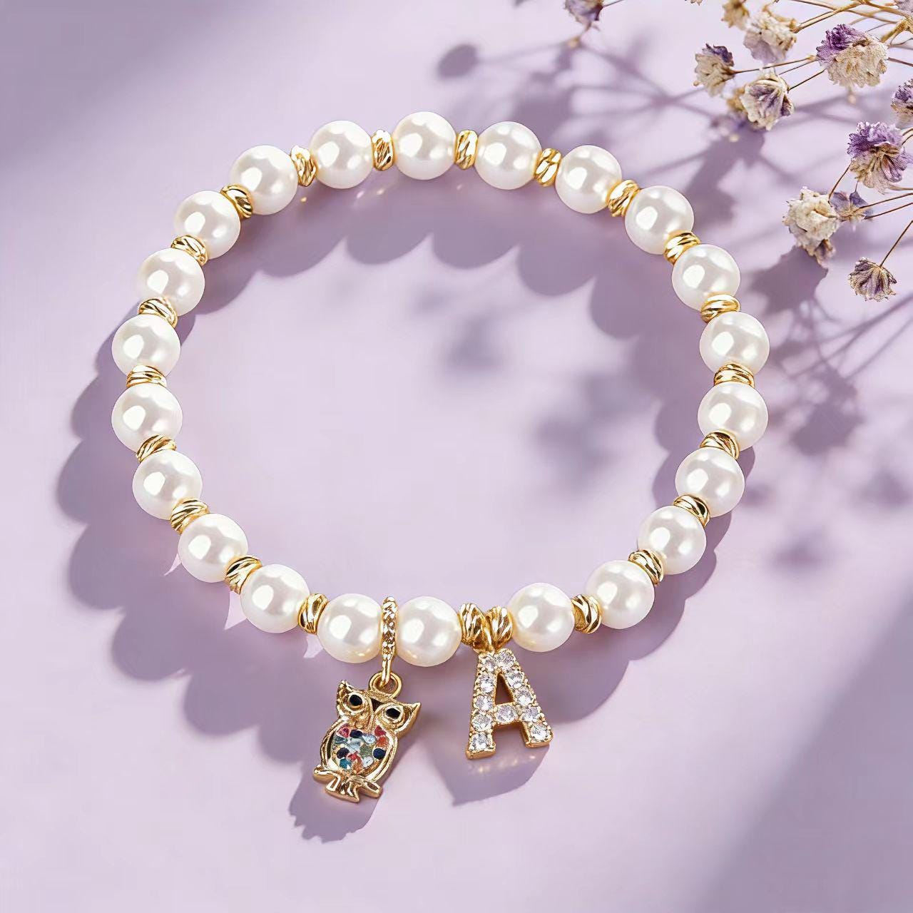 Cute Owl Bracelet, Initial Beaded Bracelet, Pearl Charm Bracelet, Kawaii Animal Jewelry, Gift for Be