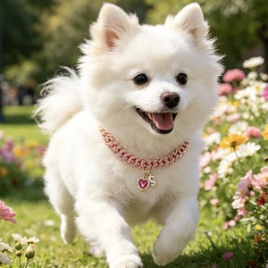 May include: A white dog wearing a pink and gold chain collar with a heart pendant runs through a flower meadow. The dog is smiling. The collar is decorated with pink gemstones.