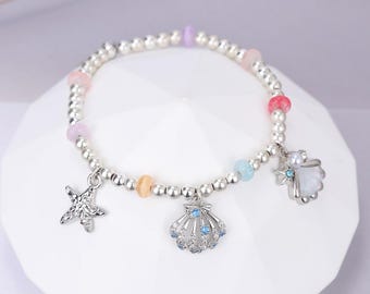 Braccialetto con ciondoli a forma di stella marina e conchiglia, braccialetto con perline argentate, gioielli da spiaggia colorati, regalo per lei