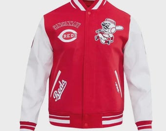 Letterman Cincinnati Reds White Leather Sleeves & Red Wool Varsity Jacket Men's
