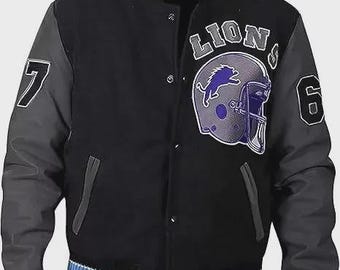 Detroit Lions Varsity Jacket Black Wool & Leather Bomber Jacket with Embroidery patches