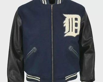 Detroit Tigers 1955 Varsity Jacket Navy Wool & Black Leather Bomber Jackets