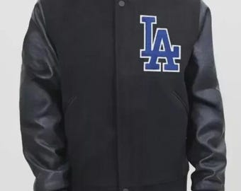 Letterman Black Wool Body and Leather Sleeve Jacket W/ Los Angel Embroidery