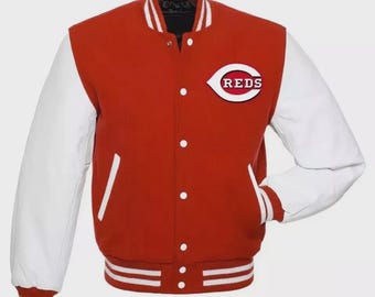Letterman Cincinnati Reds White Leather and Wool Bomber Style Varsity Jackets Men's