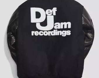 Lettermen Bomber Def Jam Black Wool Varsity Jacket with Black Leather Sleeves
